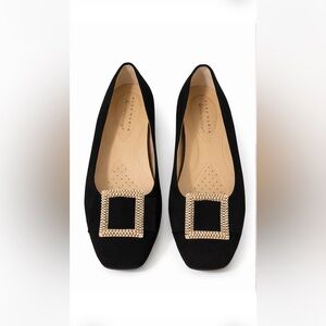 Alex Marie Black Suede Flats Pearl Buckle Square Toe 7.5 Elegant Dress Shoes